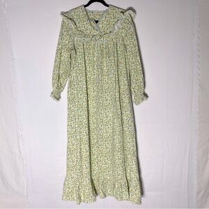 Vintage Green Yellow Chick Print Flannel Maxi Length Long Sleeve Nightgown M